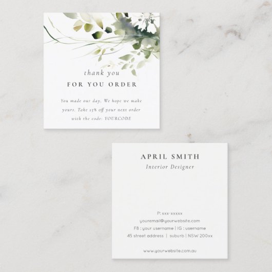 Boho抽象芸術グリーンフローラご注文ありがとうございます スクエア名刺 (正面/裏面)