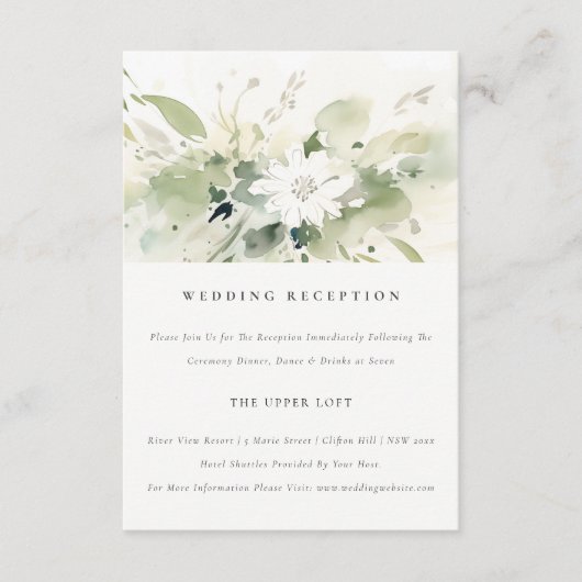 Boho抽象芸術グリーンホワイトフローラウェディングレセプション エンクロージャーカード (正面)