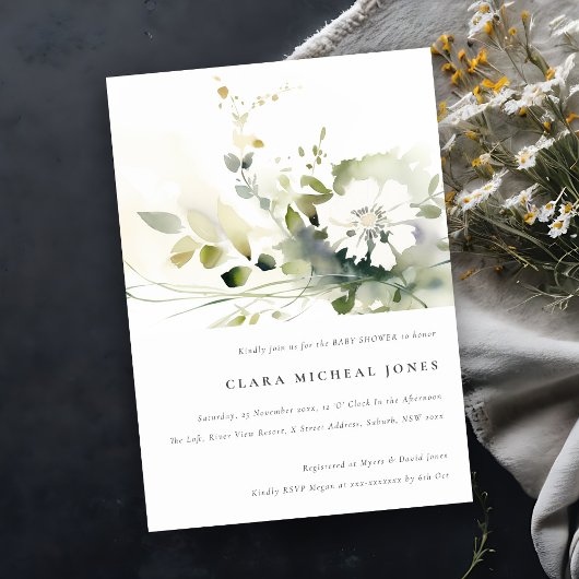 Boho抽象芸術グリーンホワイトフローラベビーシャワー 招待状