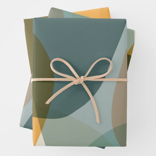 Boho抽象芸術幾何学図形の青と黄 ラッピングペーパーシート (インサイチュ)