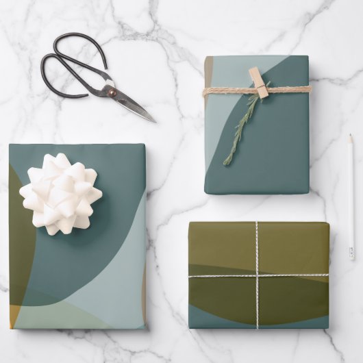 Boho抽象芸術幾何学図形の青と黄 ラッピングペーパーシート (正面)