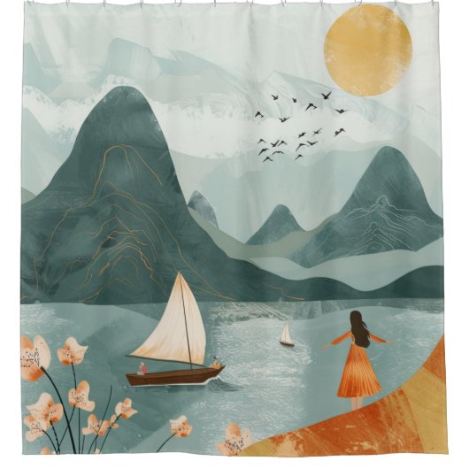 Boho抽象芸術横(11) シャワーカーテン (正面)