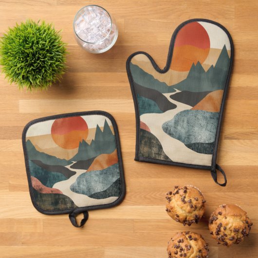 Boho抽象芸術横(5) 鍋つかみ&鍋敷きセット (トップダウン)