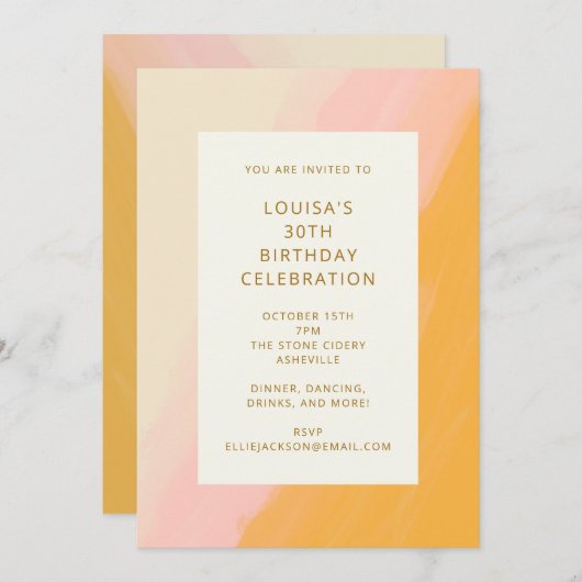 Boho抽象芸術水彩ピンクイエロー30歳の誕生日 招待状 (正面/裏面)