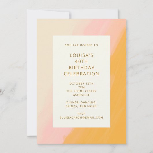 Boho抽象芸術水彩ピンクイエロー40歳の誕生日 招待状 (正面)