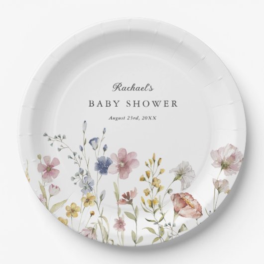 Boho新鮮なワイルドフラワーベビーシャワー ペーパープレート (正面)