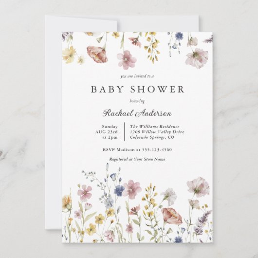 Boho新鮮なワイルドフラワーベビーシャワー 招待状 (正面)
