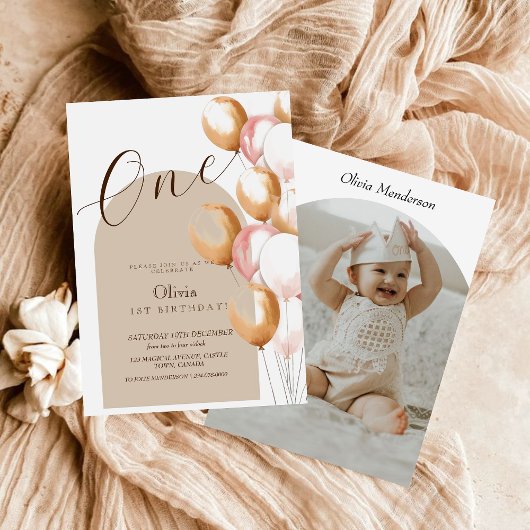 Boho最初のモダン誕生日バルーン誕生日写真 招待状