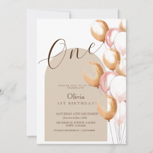 Boho最初のモダン誕生日バルーン誕生日写真 招待状 (正面)