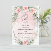 Boho柔らかいパステルピンクの花の緑と金ゴールド セーブザデート (スタンド正面)