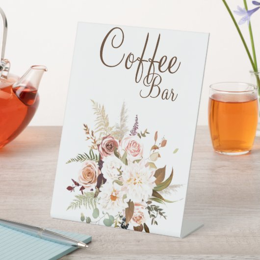 Boho柔らかい色のバラ/白い花コーヒーバー 台座サイン (インサイチュ)