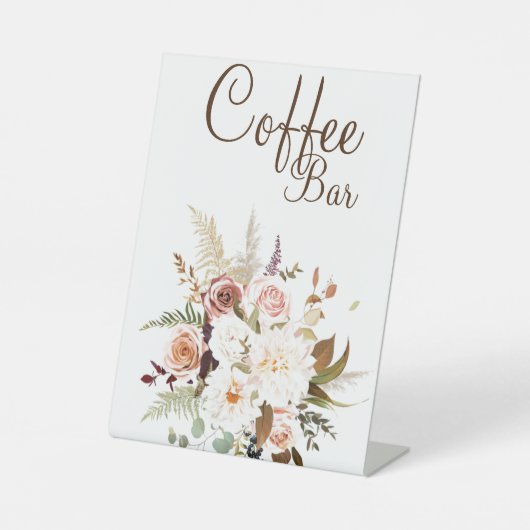 Boho柔らかい色のバラ/白い花コーヒーバー 台座サイン (正面)