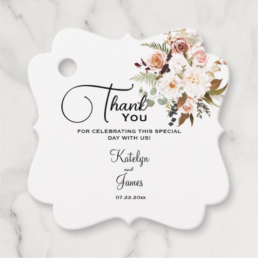 Boho柔らかい色のバラ/白い花結婚の花 フェイバータグ (正面)