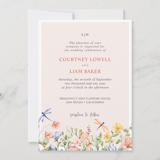 BOHO柔らかい花とトンボ庭園の結婚式 招待状 (正面)