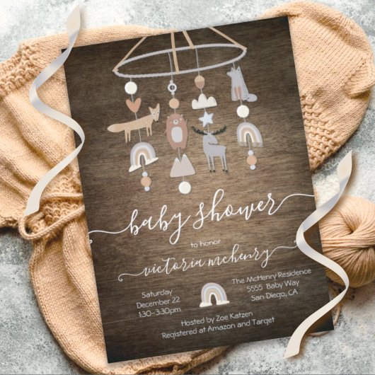 Boho森素朴動物モバイル赤ちゃんシャワー 招待状