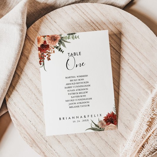 Boho植物秋テーブルNumber 1シーティングチャート 招待状