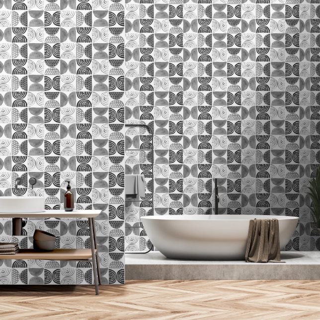 Boho民族壁紙 – 白黒ウォールデコール 壁紙 (浴室)