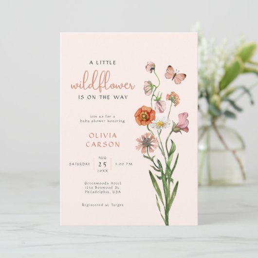Boho水の色の小さなワイルドフラワー赤ちゃんシャワー 招待状 (スタンド正面)