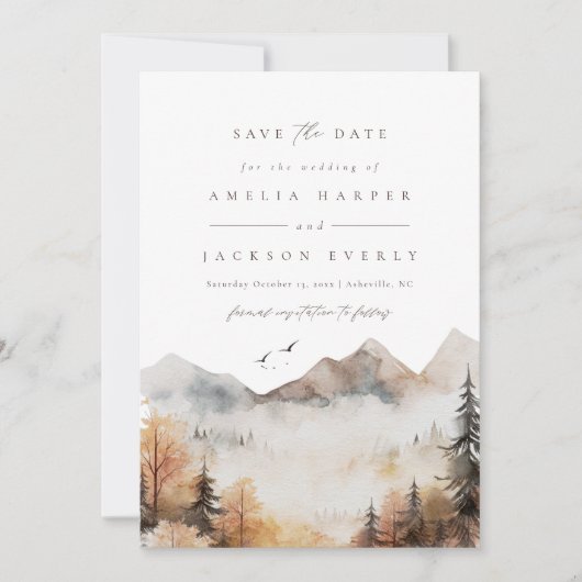 Boho水の色の山の結婚式の日付を保存 招待状 (正面)