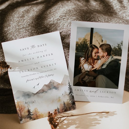 Boho水の色の山の結婚式の日付を保存 招待状