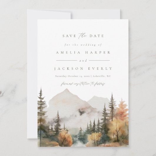 Boho水の色の山の結婚式の日付を保存 招待状 (正面)