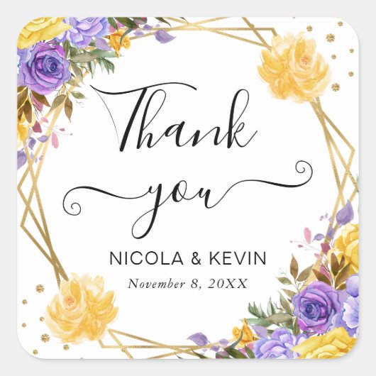 Boho水カラー春の花金ゴールドフレーム結婚ズ スクエアシール (正面)