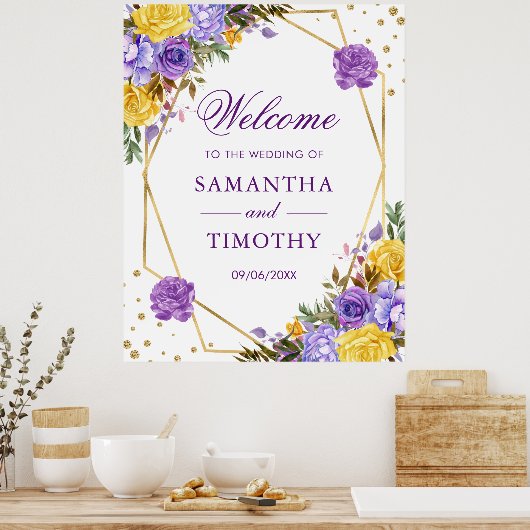 Boho水カラー春の花金ゴールドフレーム結婚ズ ポスター (キッチン)