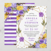 Boho水カラー春の花金ゴールドフレーム結婚ズ 招待状 (正面/裏面)