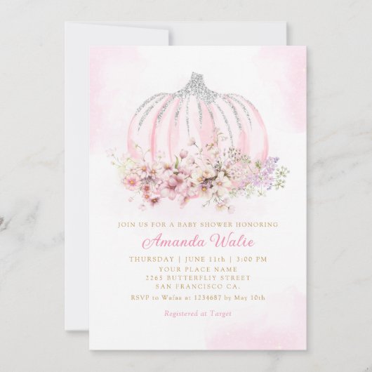 Boho水彩フローラかぼちゃガールベイビーシャワー 招待状 (正面)