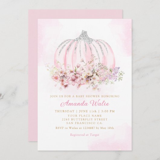 Boho水彩フローラかぼちゃガールベイビーシャワー 招待状 (正面/裏面)
