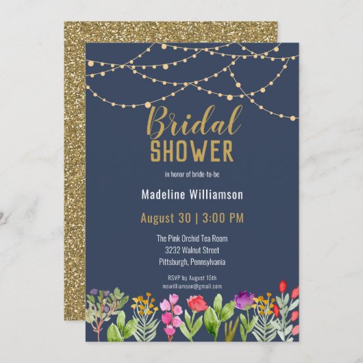 Boho水彩フローラストリングライト日付の保存 招待状 (正面/裏面)