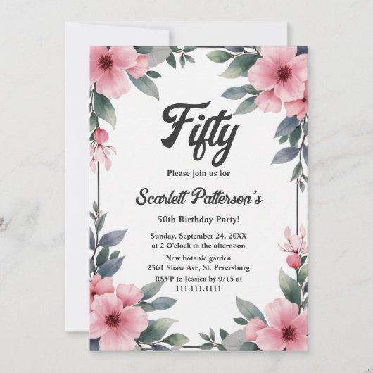 Boho水彩フローラフレ素朴ーム50誕生日 招待状 (正面)