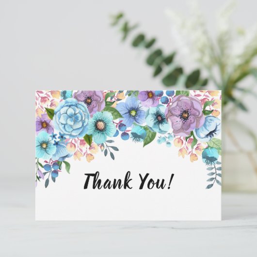 Boho水彩フローラ薄紫とティール（緑がかった色）パーソナライズ サンキューカード (スタンド正面)