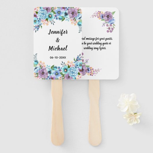 Boho水彩フローラ薄紫とティール(緑がかった色)パーソナライズ ハンドファン (正面&裏面)