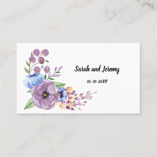 Boho水彩フローラ薄紫とティール（緑がかった色）パーソナライズ プレイスカード (裏面)