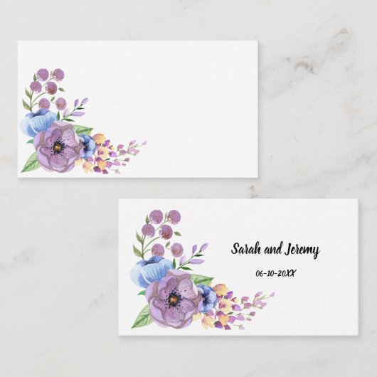 Boho水彩フローラ薄紫とティール（緑がかった色）パーソナライズ プレイスカード (正面/裏面)