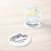 Boho水彩フローラ薄紫とティール(緑がかった色)パーソナライズ ラウンドペーパーコースター (インサイチュ)