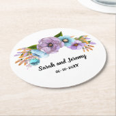 Boho水彩フローラ薄紫とティール(緑がかった色)パーソナライズ ラウンドペーパーコースター (アングル)