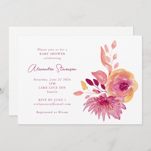 Boho水彩マゼンタレッド花赤シャワー 招待状 (正面/裏面)