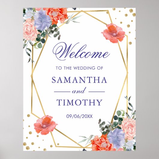 Boho水彩夏の花金ゴールドフレーム結婚ズ ポスター (正面)