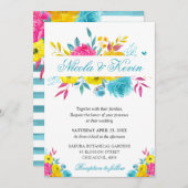 Boho水彩夏の花金ゴールドフレーム結婚ズ 招待状 (正面/裏面)