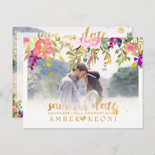 Boho水彩夏フローラ保存日 案内ポストカード (正面/裏面)