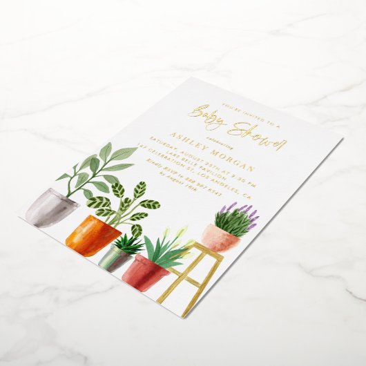 Boho水彩屋内植物ベビーシャワー 箔招待状 (回転した状態)