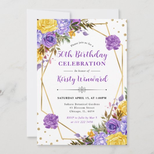 Boho水彩春の花フレーム50誕生日 招待状 (正面)