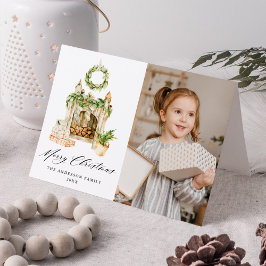 Boho水彩暖炉と緑の写真 シーズンカード