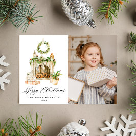 Boho水彩暖炉と緑の写真 シーズンカード