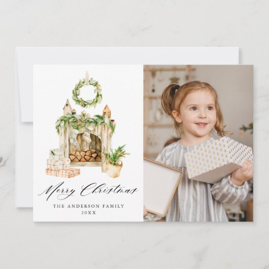 Boho水彩暖炉と緑の写真 シーズンカード (正面)