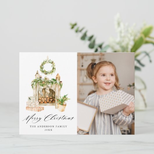 Boho水彩暖炉と緑の写真 シーズンカード (スタンド正面)