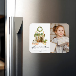 Boho水彩暖炉と緑の写真 マグネット