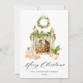 Boho水彩暖炉と緑の非写真 シーズンカード (正面)